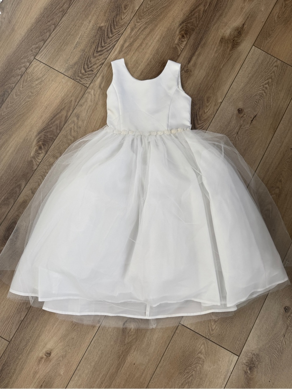 Us Angels White Tulle Flower Girl Dress with Floral Waist Trim